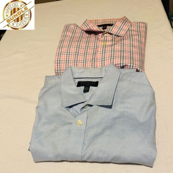 Bundle BANANA REPUBLIC LOT 2 Men Large Blue and pinkish red blue plaid Shirt - Picture 1 of 13
